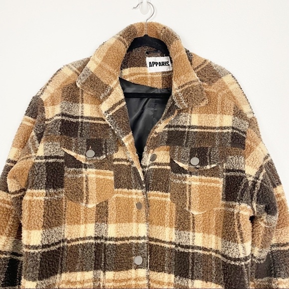 Apparis Kris Teddy Sherpa Plaid Shacket Jacket Brown Tan Revolve Winter Casual - Picture 4 of 7